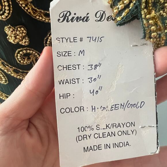 Riva Design Vintage 80s Silk Beaded Long Dress-Green/Gold-Medium-NEW-DEADSTOCK - Picture 9 of 12
